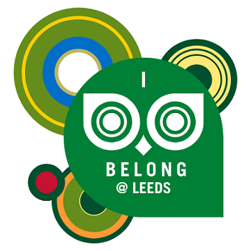 Owl graphic with 'I belong @ Leeds' written over the top