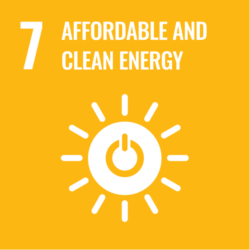 A yellow background with a white sun icon. Text reads SDG 7: Affordable and clean energy.
